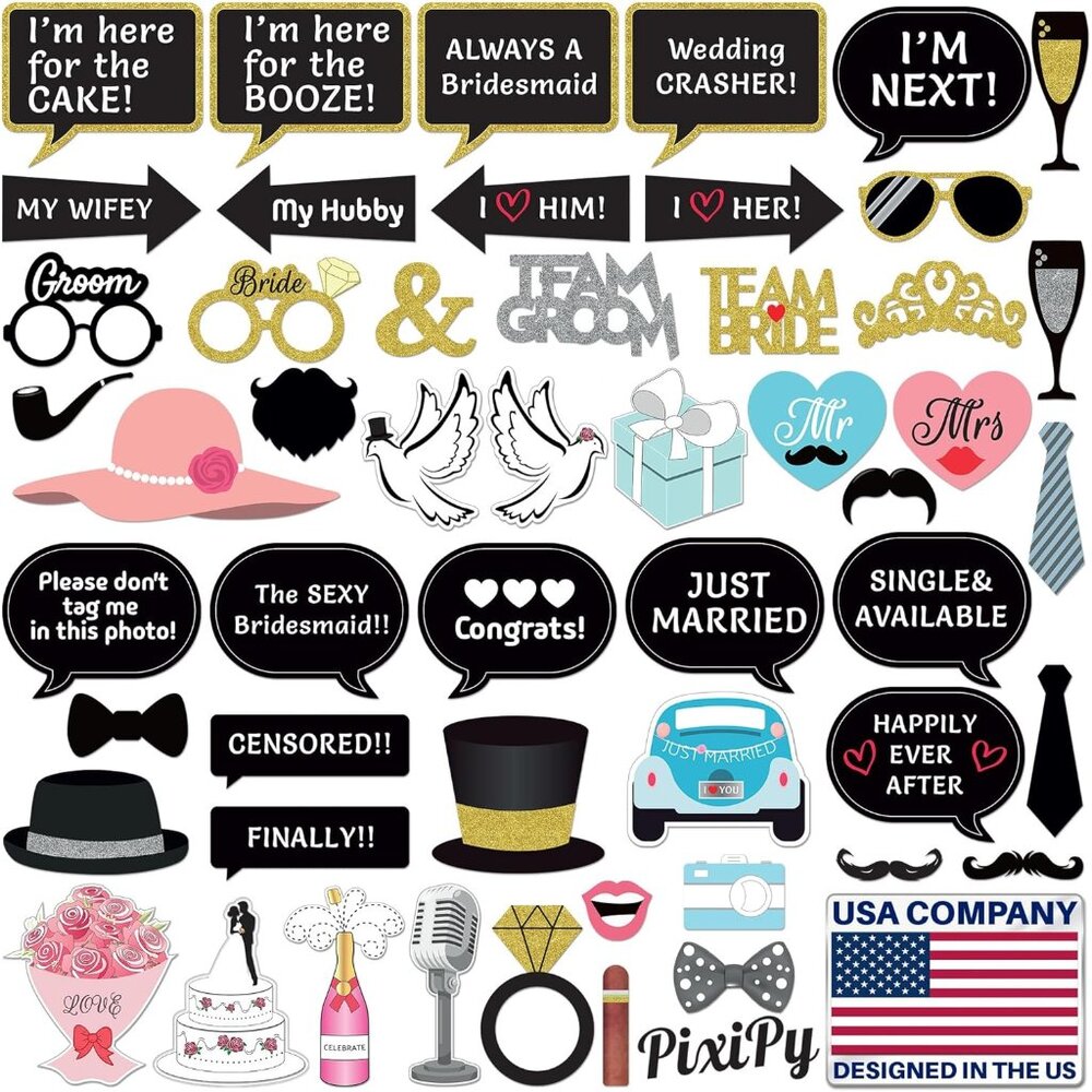Wedding Photo Booth Props - 52 Pieces, Multicolored - Fun Photoshoot Party Selfi